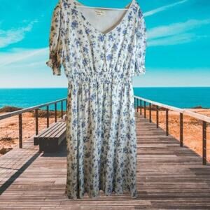 Indigo Rose 3X NWOT polyester blend  short sleeve blue white floral spring dress